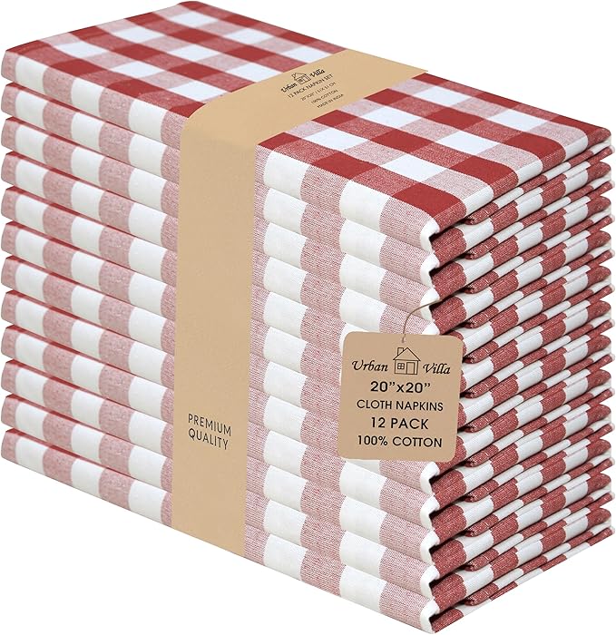 Urban Villa Cloth Napkins Set of 12 20x20 Inches 100% Cotton Napkins Cloth Washable Durable Reusable Absorbent Table Dinner Napkins Cloth for Hotel Lunch Restaurant Weddings Parties -Rust White