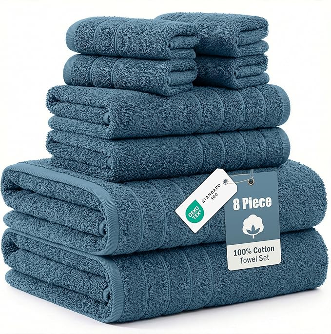 Casa Platino 8 Pcs 100% Cotton Luxury Towel Set - Soft, Durable & Absorbent - 2 Bath, 4 Washcloths, 2 Hand Towels for Bathroom - Ideal for Home, Spa & Gym - Quality You Can Trust - Steel Blue