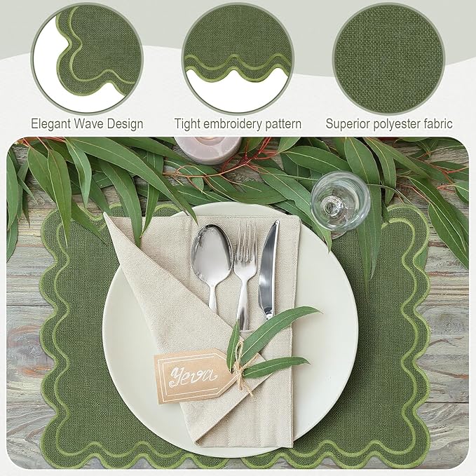 HunnmingRe Set of 6 Cotton Linen Placemats, 13x19 Inch Scalloped Wavy Embroidery Placemat Double Layered Washable Rustic Rectangle Dinner Table Mats for Wedding Home Decor(Moss Green with Green)
