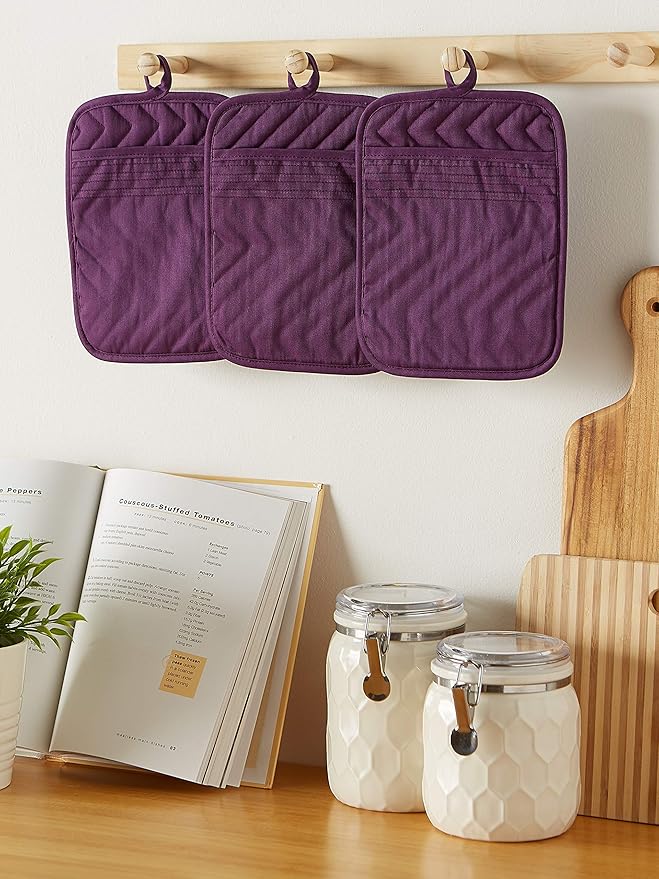 DII Heat Resistant Quilted Cotton Pot Holder Set, Designed with Space to Personalize Allowing a Customized Design, 7x9, Eggplant, 3 Count