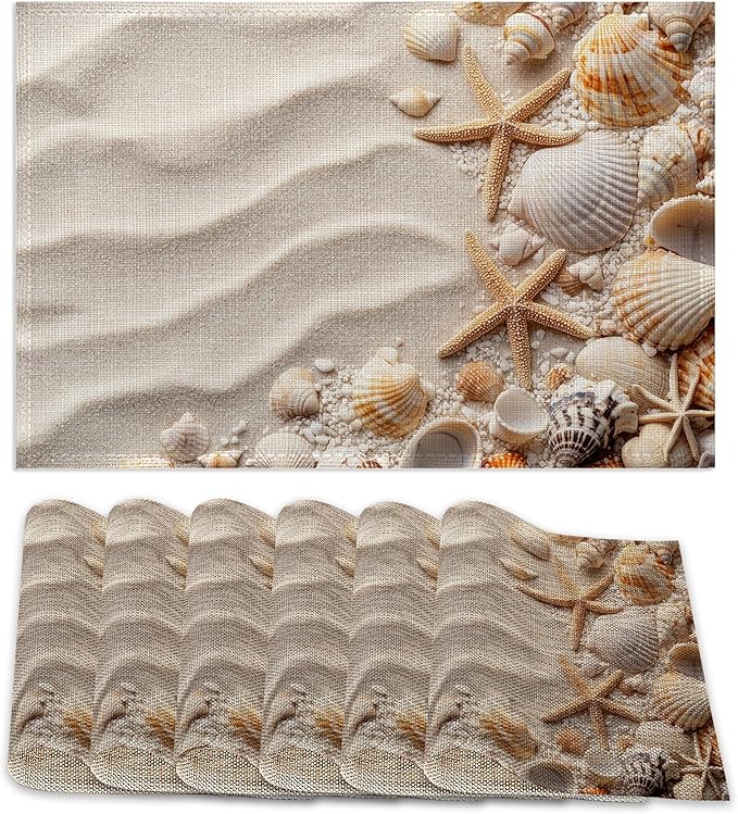 White Sand Placemats Set of 6,Starfish Seashells Waterproof Non-Slip Washable Table Mats for Kitchen Dining Holiday Party Wedding Decor 12x18 Inch