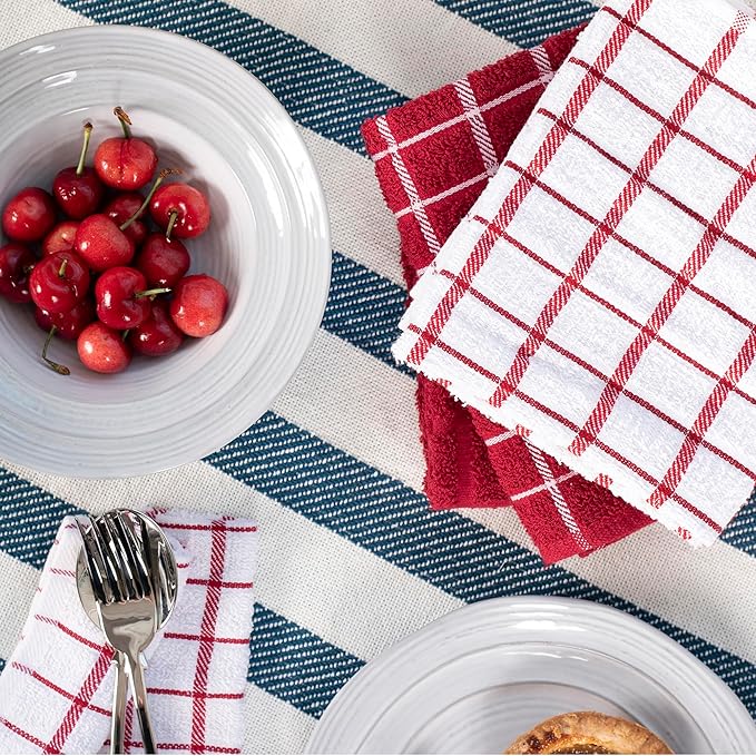 Ritz Premium 100% Cotton Terry Check Kitchen Dish Towels - Highly Absorbent, Super Soft, Long-Lasting, 25"x15", 3-Pack, Paprika Red