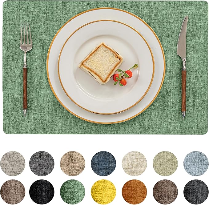 Romanstile Vinyl Placemats Set of 4-12 X 17 Inch - Faux Leather 100% Waterproof Oil-Proof Wipeable Place Mats, Heat Resistant Reversible PU Table Mats for Kitchen Dining Party Outdoor, Dark Green
