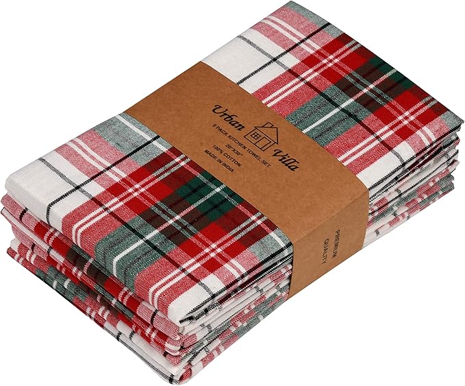 Urban Villa Christmas Kitchen Towels 100% Cotton Dish Towels for Kitchen (Set of 6) 20”x30” Dish Cloths Absorbent Kitchen Linen Set with Hanging Loop Perfect for Drying Dishes Cleaning – Christ Check