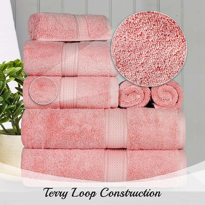 SUPERIOR Egyptian Cotton Pile 8 Piece Towel Set, Includes 2 Bath, 2 Hand, 4 Face Towels/Washcloths, Ultra Soft Luxury Towels, Thick Plush Essentials, Guest Bath, Spa, Hotel Bathroom, Tea Rose