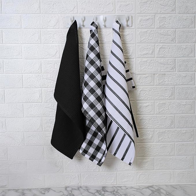 Blue Needles Waffle Weave Kitchen Towels, 15x25 Inches 100% Cotton Set of 6 Dish Cloths for Kitchen, Ultra Soft & Absorbent with Hanging Loop, Dish Rags for Quick Drying, Assorted - Black