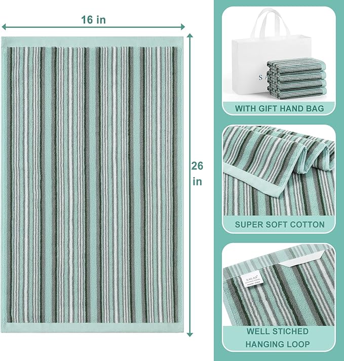 SALAS Premium Cotton Kitchen Dish Towels for Drying Dishes,Large Long Hand Towels, Thick Highly Absorbent Dish Cloth Towel Sets with Hanging Loop, 16" X 26", 6 Pcs,Green