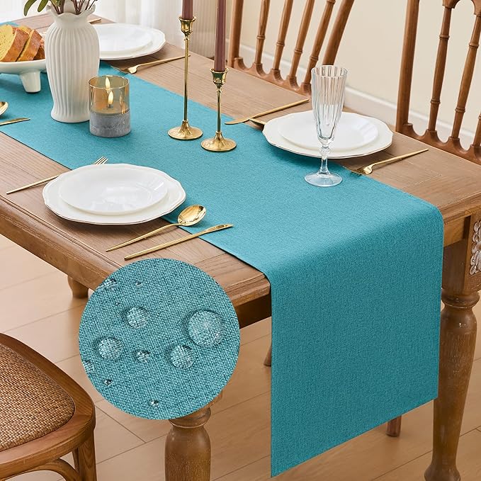 YATOJUZI Teal Table Runner Seasonal Summer Kitchen Dining Coffee Table Decoration 95 Inches Long Waterproof Turquoise Farmhouse Rustic Table Runner Home Wedding Party Decor 16x95Inch