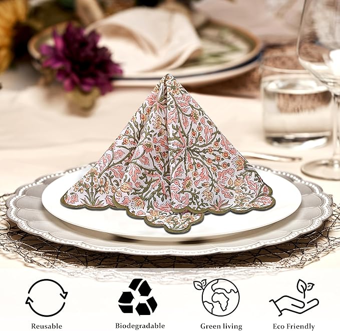 Ridhi Hand Block Print Sassy Salmon Pink 18" x 18" (Set of 4) Embroidery Table Napkins Reusable Cotton Dinner Napkins for Weddings, Parties, Everyday Dining Gift for Spring, Easter, Valentine