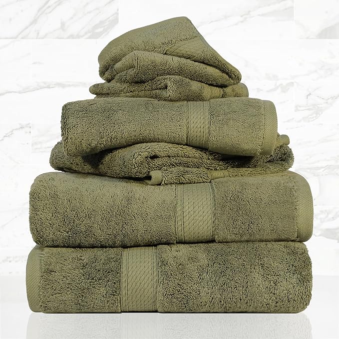 Superior Egyptian Cotton Pile 6 Piece Towel Set, Includes 2 Bath, 2 Hand, 2 Face Towels/ Washcloths, Ultra Soft Luxury Towels, Thick Plush Essentials, Guest Bath, Spa, Hotel Bathroom, Forest Green