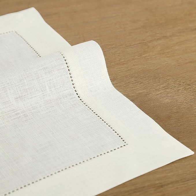 Solino Home Ivory Linen Napkins Set of 6-100% Pure Linen Hemstitch Dinner Napkins 20 x 20 Inch for Spring, Summer, Mothers Day - Classic Hemstitch