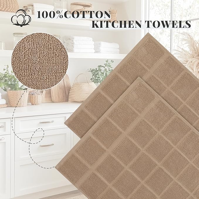 Homaxy Premium Kitchen Towels 18"x28", 4 Pack Large Cotton 380 GSM Dish Towels, Soft and Absorbent Kitchen Hand Towels with Terry Grid Design, Utility Tea Towel Set with Hanging Loop, Khaki