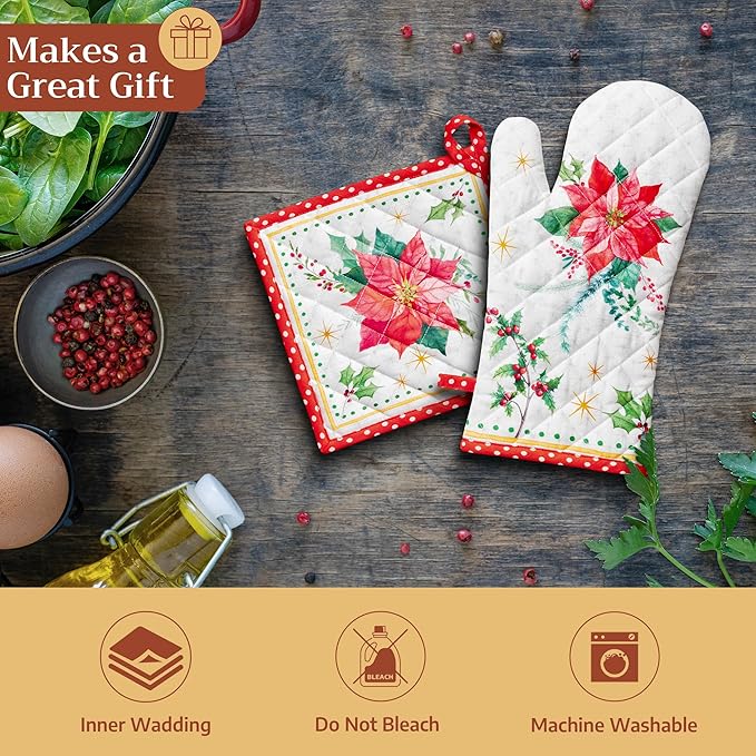 Maison d' Hermine 100% Cotton Oven Mitt & Pot Holder Set (7.5"x13" & 8"x8") Heat Resistant BBQ Cooking Gloves with Loop for Thanksgiving Christmas Decorations Handling Hot Pans (Poinsettia Christmas)