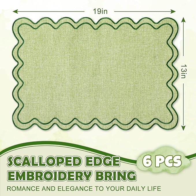 Whaline Green Placemats Embroidered Scalloped Kitchen Place Mats for Spring Baby Shower Party Home Dining Table Decor, Set of 6, 13 x 19 in