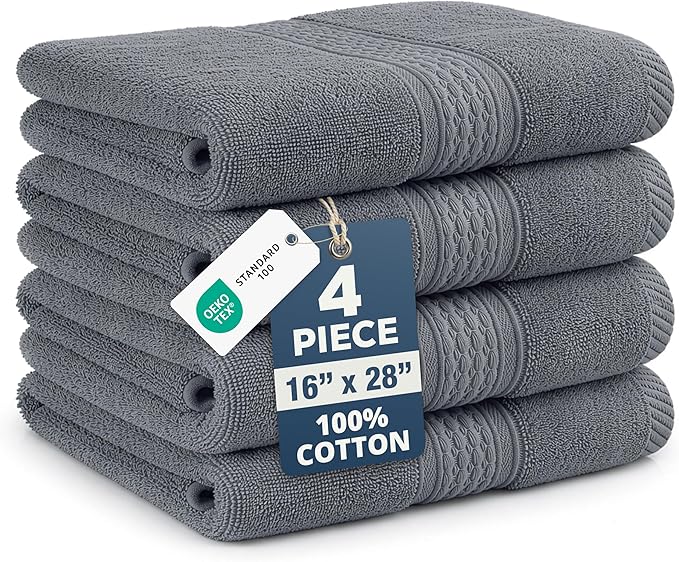 LANE LINEN Hand Towels for Bathroom - 4 Pack (16" x 28"), 100% Cotton Face Towel Set - Soft, Fade & Shrink Resistant - Hotel & Spa Inspired Hand Towels for Bathroom for Modern Family Homes - Cool Grey