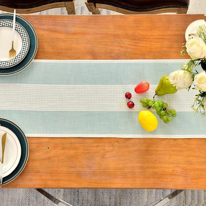 Wracra Linen Table Runner, Farmhouse Macrame Table Runners 36 Inches Long for Dining Table Decor, Wedding, Party and Dresser Decor (Aqua Blue,36")