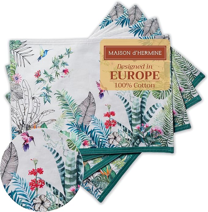 Maison d' Hermine Placemats Set of 4 100% Cotton Washable Cloth Place Mats Reusable Table Mats for Kitchen Dining Party Wedding Gifts for Mothers Day Spring/Summer (Tropiques, 13" x 19")