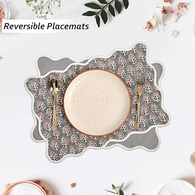 CPC Cotton Placemats Labra Grey Set of 4-Hand Block Printed Reversible Placemats, Flower Scalloped & Embroidered Cloth Table Mats - 14 x 20 inch Gift for Spring, Mother's Day
