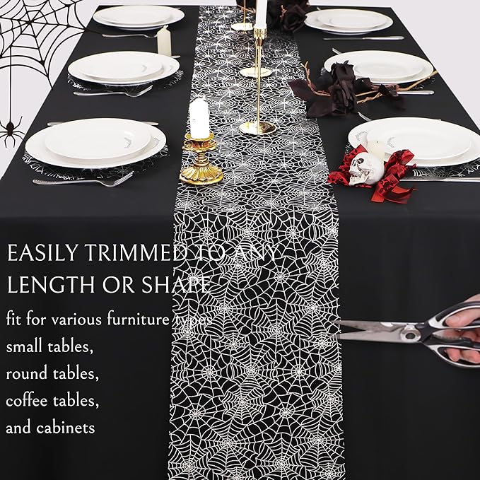 Snowkingdom Halloween Table Runner, Silver Spider Web Metallic Sequin Glitter Sheer Runners Roll 120", Black Table Decorations for Halloween, Wedding, Birthday, Themed Party, Christmas