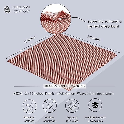 12 Pack Dual Tone Reversible Waffle Weave Dish Cloth, 12x12 Inch, 100% Cotton, Absorbent Dishcloth Set, Quick Drying, Durable for Cleaning, Wiping, Machine Washable, Rust
