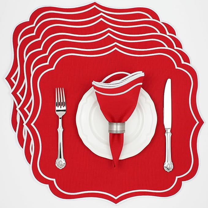 Cotton Linen Placemats Set of 4 - Double Layered, Machine Washable, Scalloped & Embroidered Cloth Table Mats - Luxury Gift for Wedding, Birthday & Mother's Day 19 x 17 inch, Red