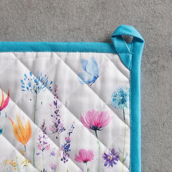 Maison d' Hermine Pot Holders 100% Cotton Heat Resistant Potholders 8" x 8" Hot Pads with Loop BBQ Baking Gifts for Mothers Day Handling Hot Pans Spring/Summer (Pack of 1, Flower in The Field)