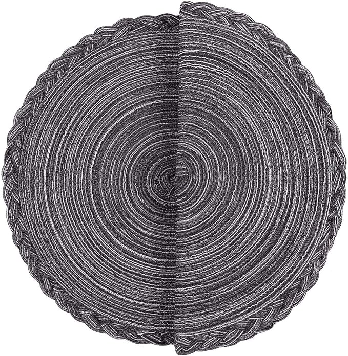 Indoor and Outdoor Round Cotton Placemat, Non Slip Round Braided Placemats Cotton Polyester Table Mats for Dining Tables 15 inch (Gray and Black, Set of 4)