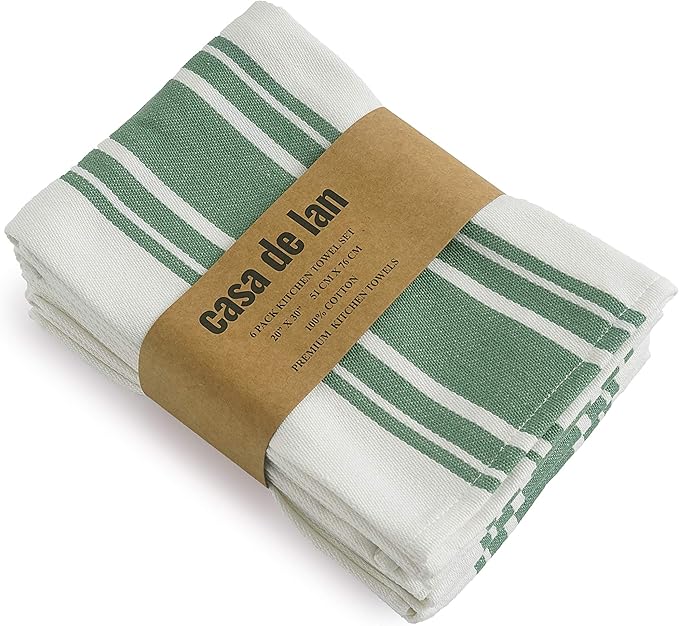 Kitchen Towels Set – Pack of 6 (20’’ x 30’’) Extra Large Premium Cotton Dish Towels for Kitchen – Super Striped Towels – Absorbent – 100% Cotton – with Hanging Loop – Green