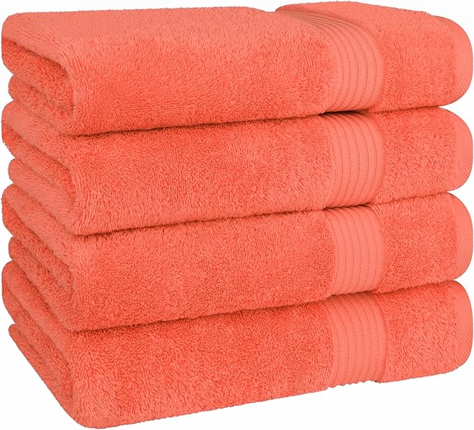 Cotton Paradise 4 Piece Turkish Bath Towels for Bathroom, 100% Cotton Extra Large Soft Plush Towels Bathroom Set, Coral