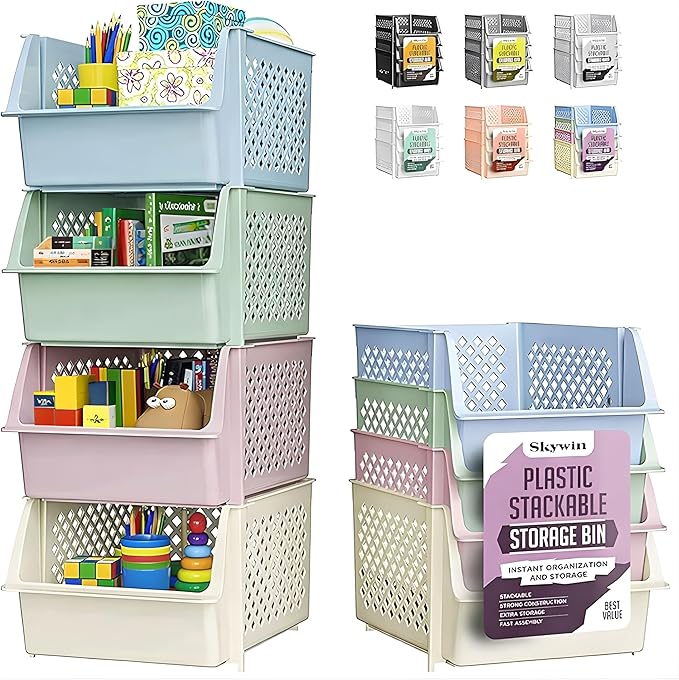 TidyFriend Stackable Storage Bins for Pantry, 4 Pack Stackable Bins For Organizing Food, Kitchen, and Bathroom Essentials (Multi)