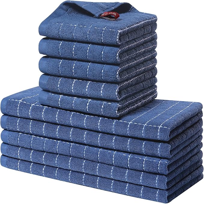 Homaxy Kitchen Towels and Dishcloths Set, 12 x 12 and 13 x 28 Inches, Set of 10 Bulk Cotton Terry Kitchen Towels Set, Checkered Designed, Soft and Super Absorbent Dish Towels, Navy Blue