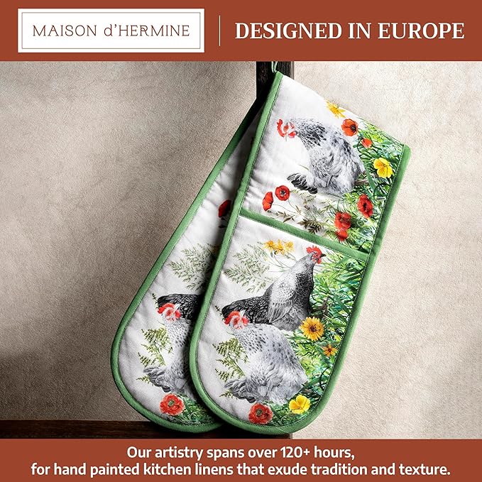 Maison d' Hermine Double Oven Mitts 100% Cotton 7"x35" Double Oven Mitt Heat Resistant BBQ Cooking Gloves with Loop Baking Grilling Gifts for Mothers Day Spring Summer (Basse Cour)