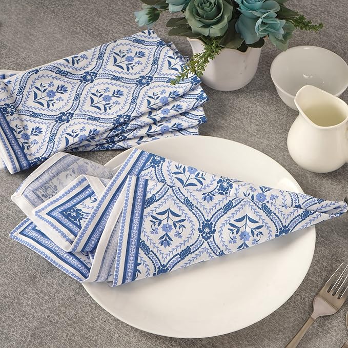 FINGERCRAFT Cloth Napkins, Set of 4 Cotton Linen Blend Printed Dinner Napkins Cloth Mitered Corner Perfect for Parties Dinners Weddings Cocktail Christmas Easter 20x20 Damask Blue