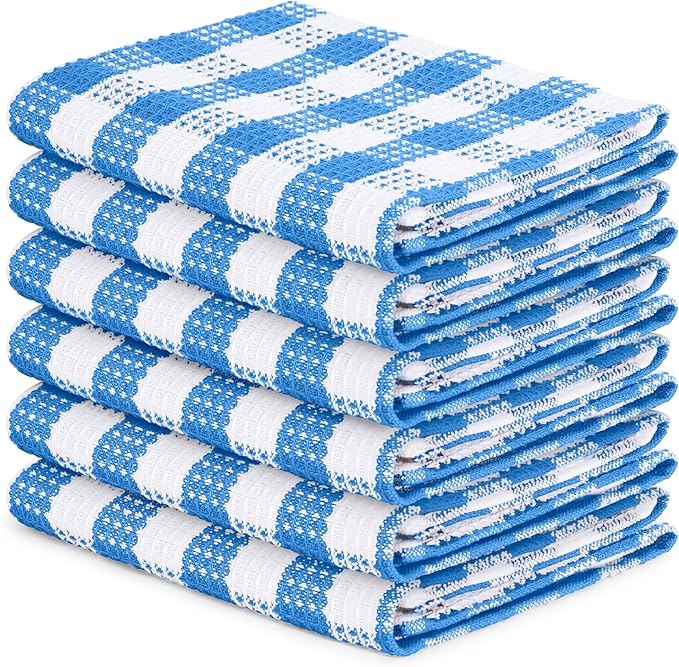 Blue Needles Set of 6 Waffle Weave Kitchen Towel, 15x25 Inches 100% Cotton Check Plaid Dish Towels for Kitchen, Soft & Absorbent for Quick Drying with Hanging Loop, Spring Summer - Sky Blue & White
