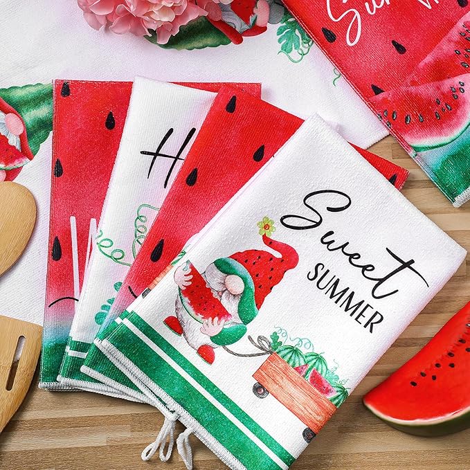 Bencailor 6 Pcs Watermelon Kitchen Towels Gnome Absorbent Dish Towels Colorful Decorative Tea Watercloth for Summer Kitchen Cooking Home Cleaning, 16 x 24 Inches
