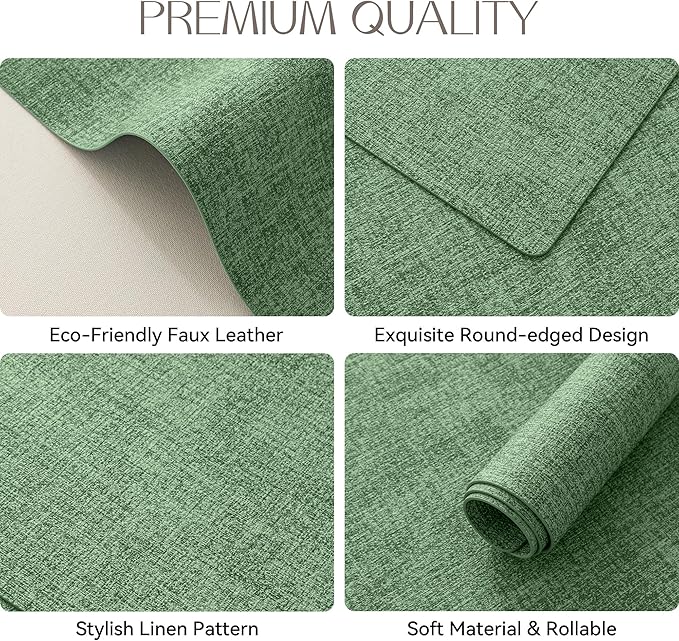 Romanstile Vinyl Placemats Set of 4-12 X 17 Inch - Faux Leather 100% Waterproof Oil-Proof Wipeable Place Mats, Heat Resistant Reversible PU Table Mats for Kitchen Dining Party Outdoor, Dark Green