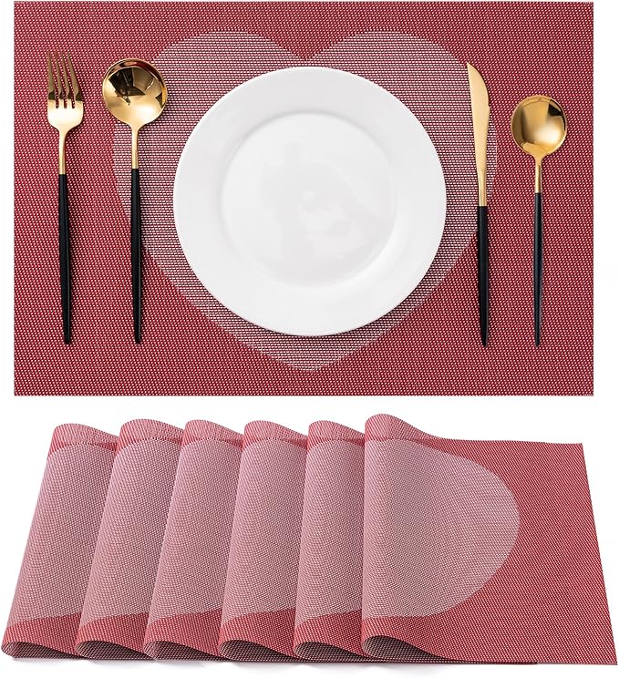 CADONO Placemats Set of 6 Washable Indoor/Outdoor Vinyl Place Mats for Dining Table Durable Non-Slip Heat Resistant PVC Weave Table Mats（Red Pink Heart）