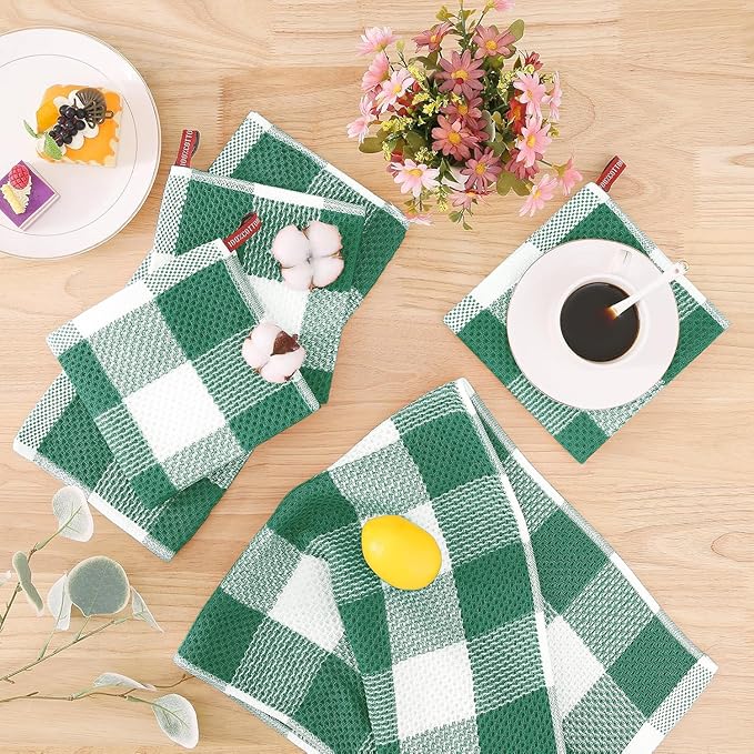 Homaxy 100% Cotton Waffle Weave Check Plaid Dish Cloths, 12 x 12 Inches, Super Soft and Absorbent Dish Towels Quick Drying Dish Rags, 6-Pack, White & Dark Green