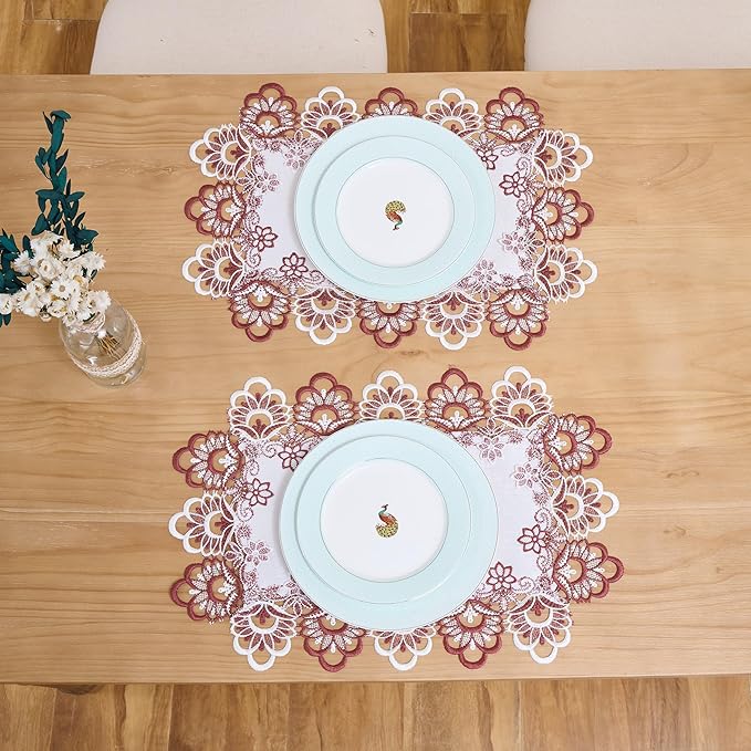 White Red Linen Placemats 14”x20” Set of 2, Neutral Lace Coffee Table Topper Dresser Scarf Place Mats (Set of 2, Red)