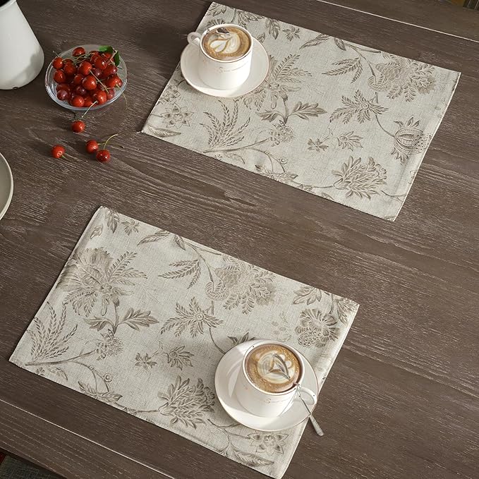 JINCHAN Linen Floral Fall Placemats Set of 4 Cloth Table Mats Rustic Cottagecore Jacobean Outdoor Seasonal for Kitchen Dining Table Decor Washable Tablemats 13x19 Inch Taupe