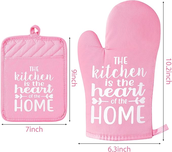 GROBRO7 6Pcs Funny Oven Mitts Pot Holders The Kitchen is The Heart of The Home Heat Resistant Hot Pad Machine Washable Gloves with Hanging Loop Pocket Hot Pad for Baking Cooking Pink