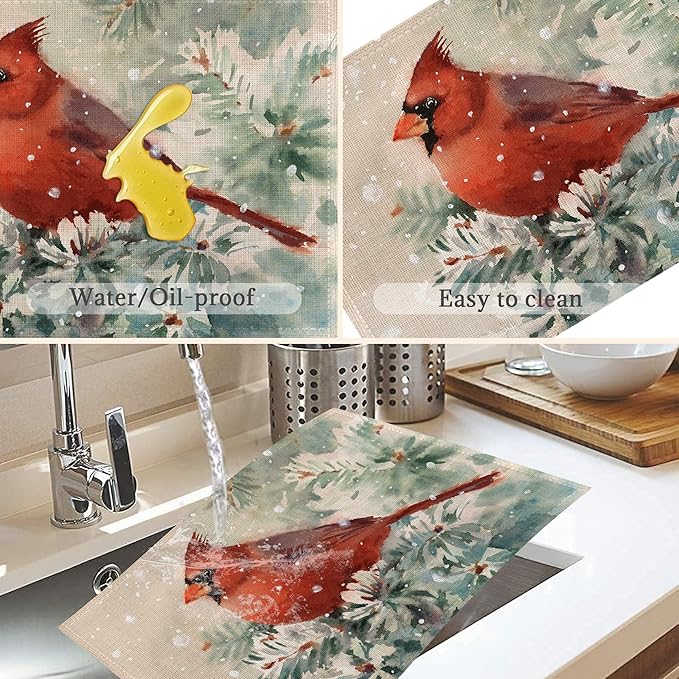 Christmas Cardinal Placemats Set of 6, Bird Place Mats Washable Heat Resistant 12×18 Inch Linen Table Mats for Christmas Dining Décor