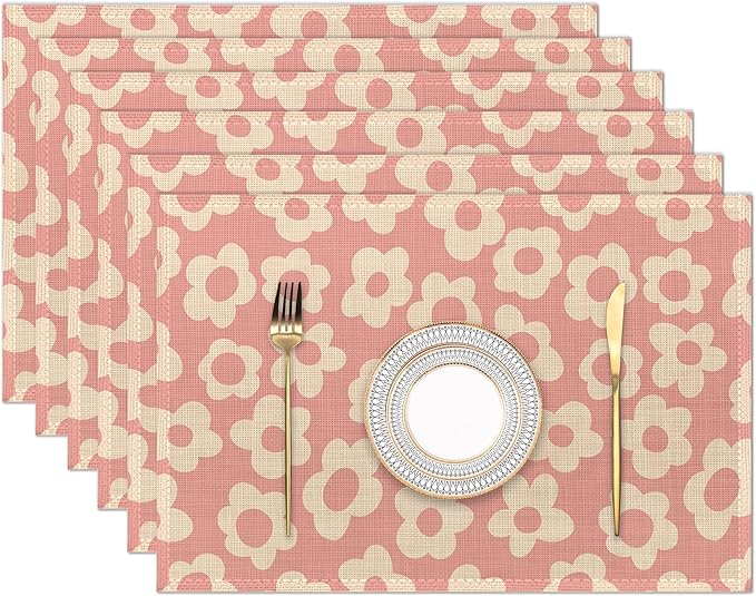Placemats Set of 6,Groovy Retro Aesthetic Flower Pink Linen Place Mats,Modern Washable Table Placemats 12"x18" Heat Resistant Table Mats for Dining Kitchen Party Holiday Decoration