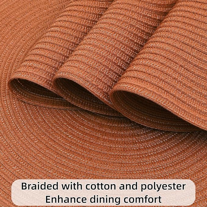 SHACOS Round Placemats Set of 8 Washable 15 inch Round Placemat Cotton Polyester Woven Braided Table Place Mats for Dining Table Wedding Party Decor, Dark Orange