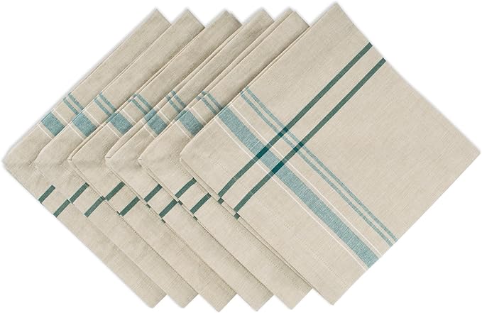 DII French Stripe Tabletop Collection Farmhouse Style Dining Table Linen Napkin Set, 20x20, Taupe/Teal, 6 Piece