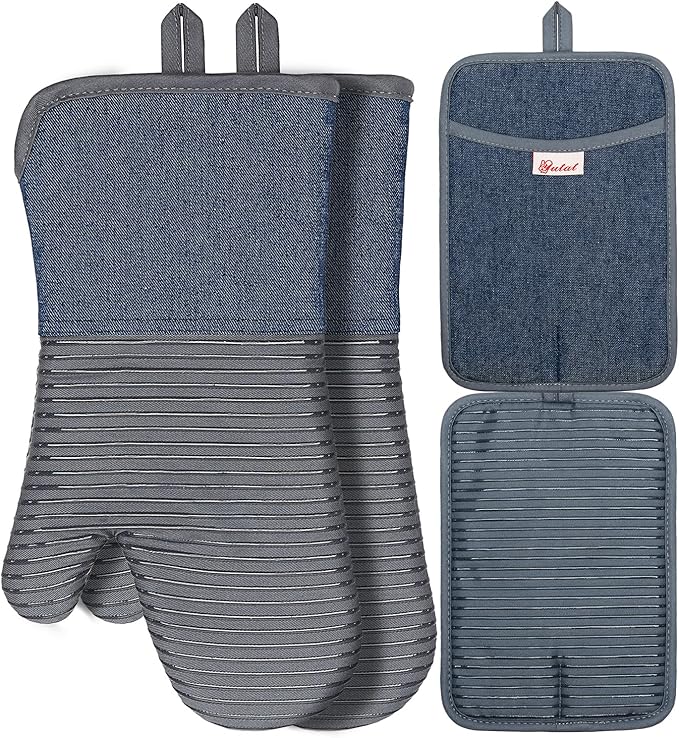 Yutat Oven Mitts, Pot Holders Set of 4 Made with Pure Cotton and Food Grade Non-Slip Silicone - 500 F Heat Resistant Oven Mitts and Pot Holders Sets for Kitchen Cooking (4pcs Set, Grey and Denim)