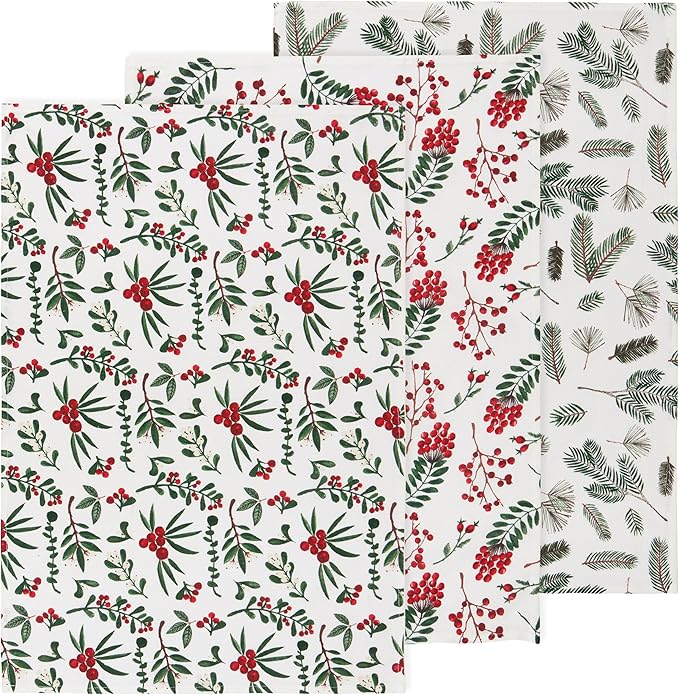 Now Designs Winterberry Baker's Floursack Christmas Dishtowels Set of 3 - Festive Kitchen Towels for Holiday Baking