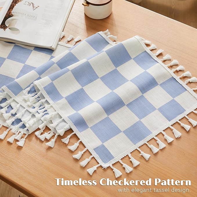 Ohocut Blue Checkered Table Runner with Tassel Farmhouse Rustic Vintage Cute Aesthetic Retro Cotton Linen Table Runner 72 Long for Dinning Race Party Decoration 13''x72''
