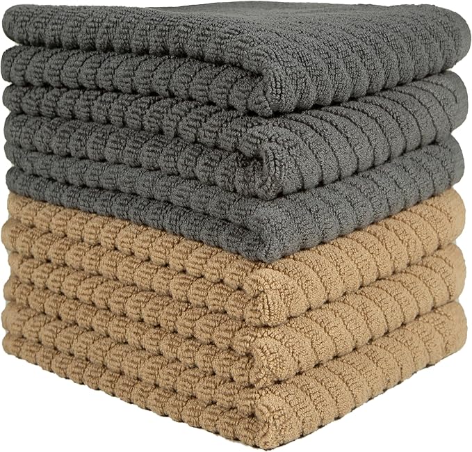 Premium Kitchen Towels (16”x 25”, 6 Pack) | Large Cotton Kitchen Hand Towels | Dish Towels | Diagonal Weave Design | 445 GSM Highly Absorbent Tea Towels Set with Hanging Loop | Grey & Tan
