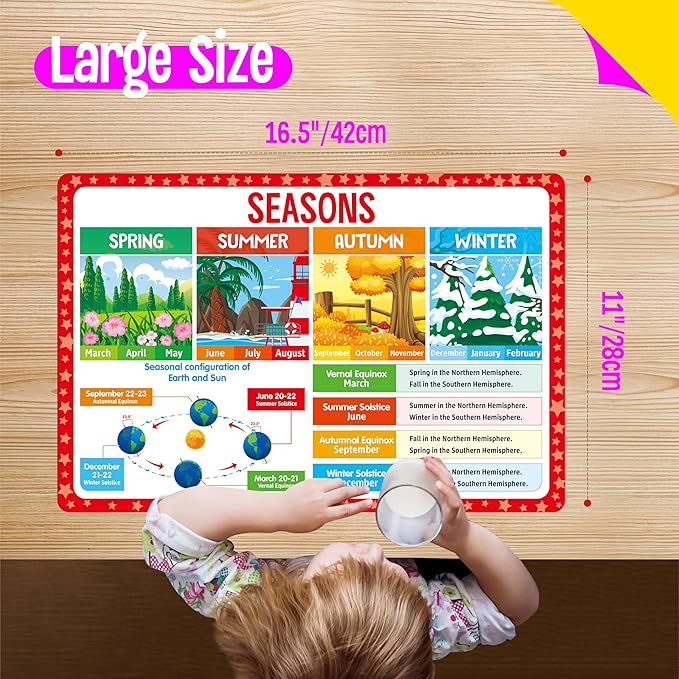 6 Pack Placemats for Kids, Non-Slip Washable Table Mat, Reusable Addition, Subtraction, Time, Calendar, Money & Holiday Placemats for Home, Kindergarten, Classroom, Nursery
